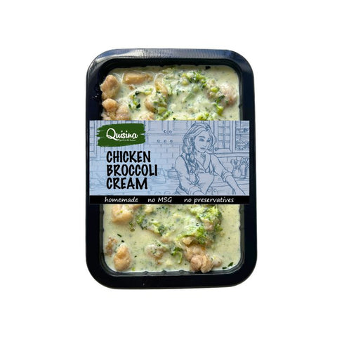 Packaged chicken broccoli cream dish with Quisina branding on a white background