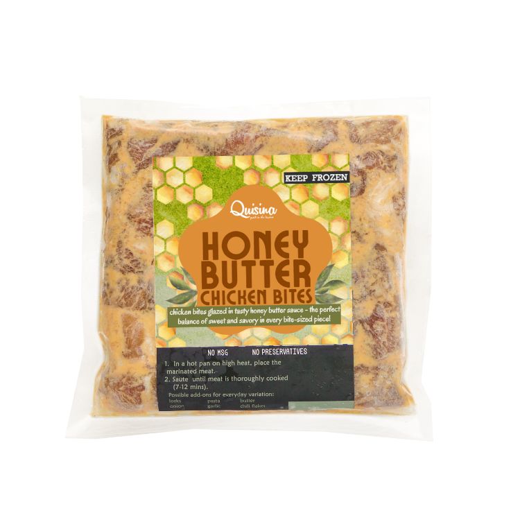 Packaged honey butter chicken bites with Quessina branding on a white background