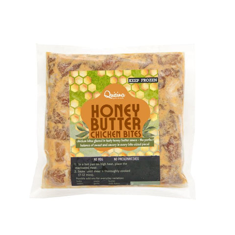 Packaged honey butter chicken bites with Quessina branding on a white background