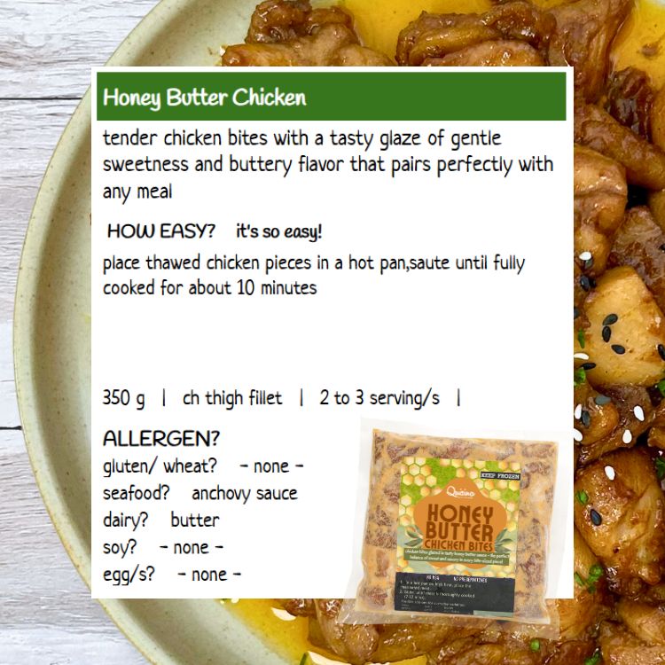 Honey Butter Chicken with recipe card and packaging on a plate