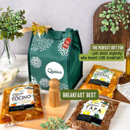 The image displays a delightful gift set titled "Breakfast Best" by Quisina, perfect for anyone who loves breakfast. The set includes a thermal gift bag, and four individually wrapped packages containing Orange Pork Tocino, Pineapple Beef Tapa, Kalamansi Chicken Inasal, and Breakfast Tapa.