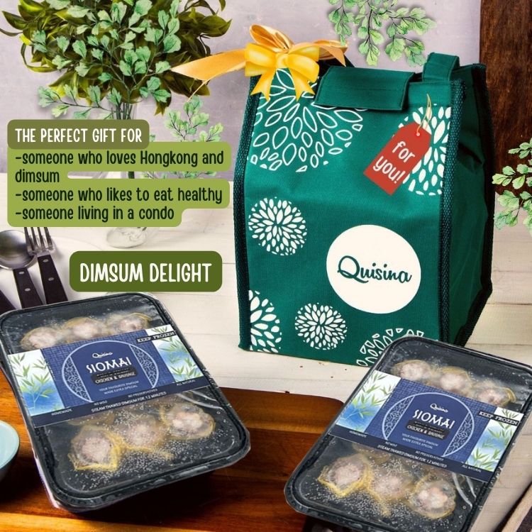 The image shows a green thermal gift bag with 'Dimsum Delight' written on it, alongside packaged food items presumably containing Scallop & Pork Siomai and Chicken & Sausage Siomai. There is also a decorative flower and a tag with a price label in the background.